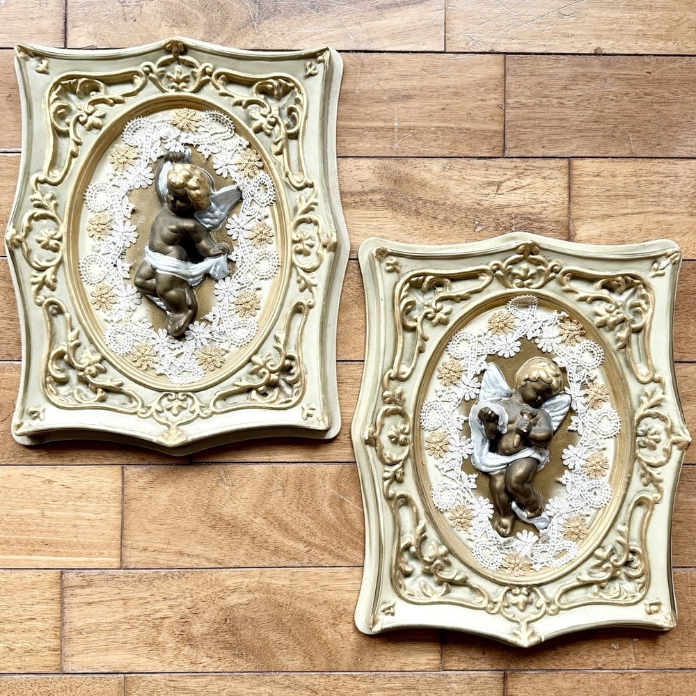 2pc VTG 60s MCM Burwood Homco 3D Gold Lace Angel Cherub Plastic Wall Decor 13x11